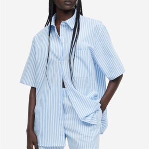 H&M blue and white striped button up blouse size XL New With Tags